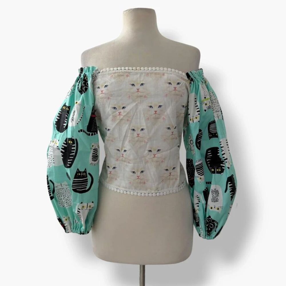 Handmade Whiskers & Tails Cat Print Puff Balloon Sleeve Tie Back Top Blouse L